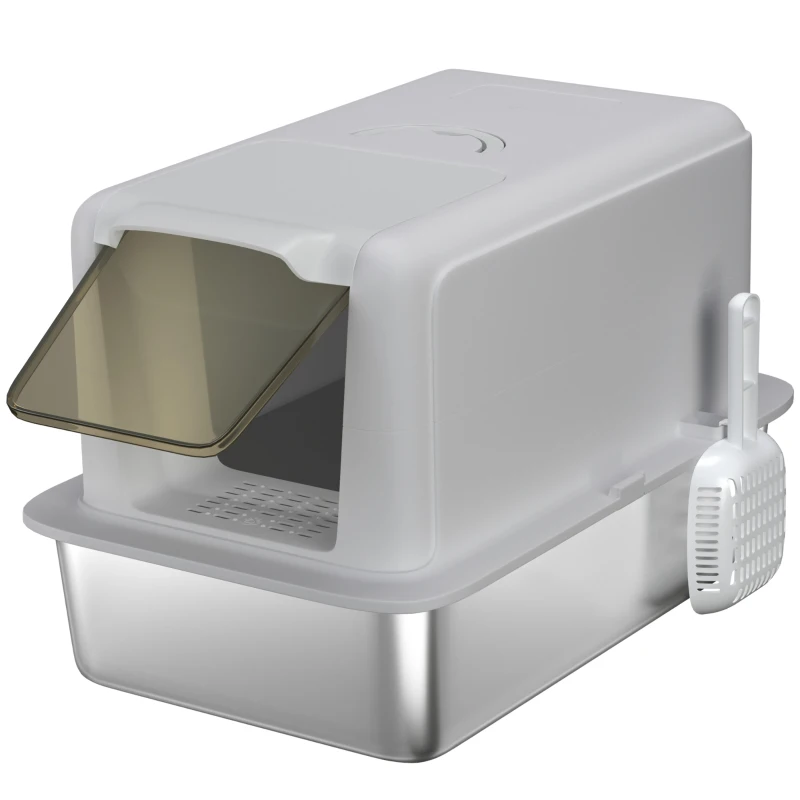 PawHut Litière pour chat, Bac en acier inoxydable, Filtre, Pelle, pour chats jusqu'à 6 kg, 40,5 x 60,5 x 41,5 cm, Gris/Argent