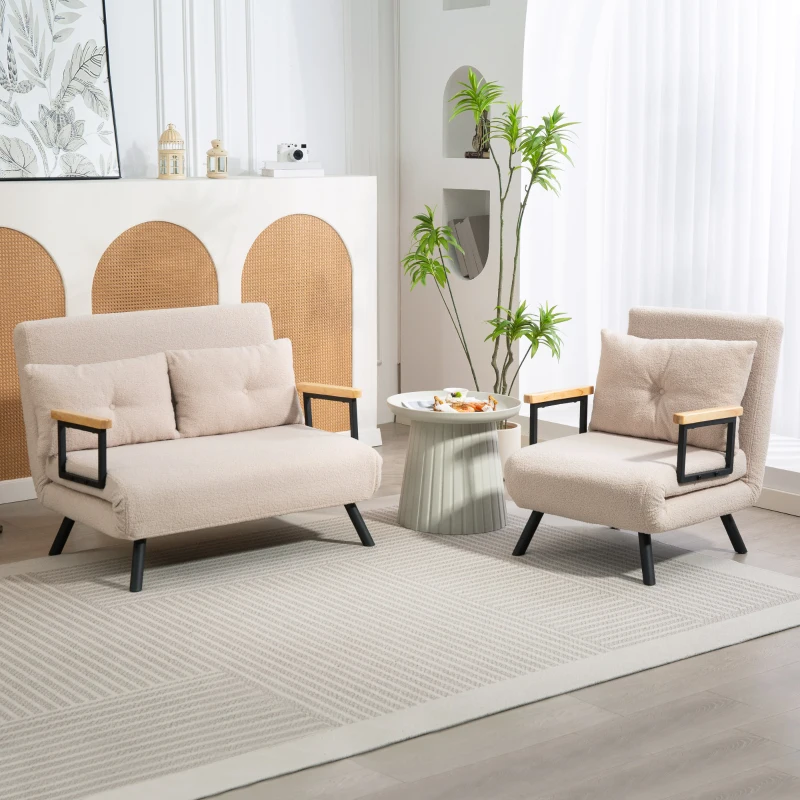 HOMCOM Sofá Cama Individual Plegable Sofá Cama Convertible 4 en 1 Respaldo Ajustable de 5 Niveles y Almohada 63x73x81 cm Beige