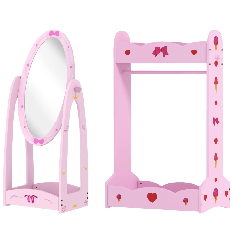 AIYAPLAY Kids Clothes Rail, Kids Dressing Mirror with 360° Rotating, 2 Piece Kids Furniture Set with Storage Shelves, Pink