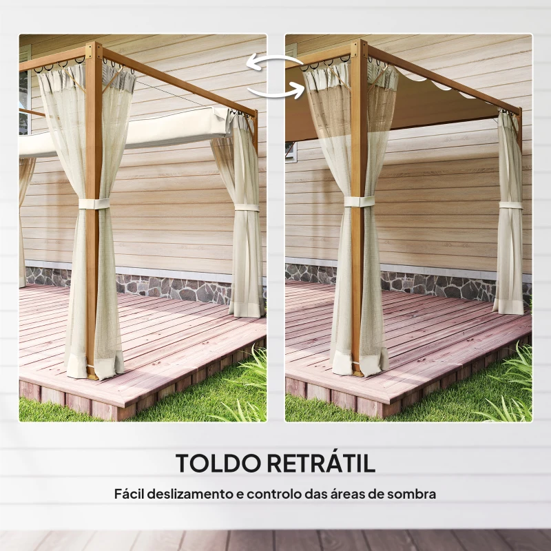 Outsunny Pérgola de Jardim 4x3 m Pérgola para Exterior com Teto Retrátil e Mosquiteiros Laterais para Terraço Pátio Natural