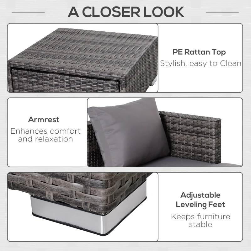 Outsunny 3 Pieces Rattan Garden Furniture Sofa Set, 4 Seater Garden Corner Sofa with 5-Level Reclining Sun Lounger and Storage Coffee Table, Outdoor Furniture Conservatory Set with Cushions, Grey