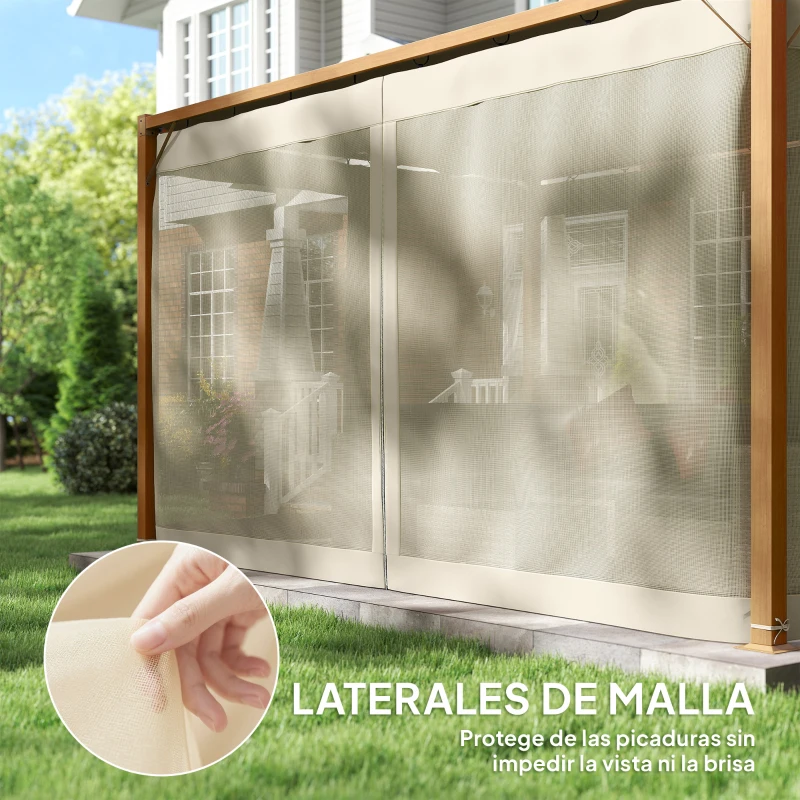Outsunny Pérgola de Jardín 4x3 m con Techo Retráctil Mosquiteras Laterales de Malla y Marco de Aluminio para Terraza Natural