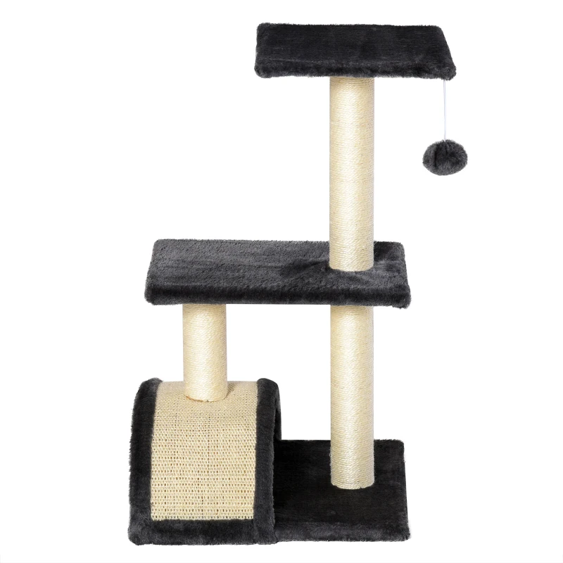 PawHut Rascador para Gatos de 3 Niveles Árbol para Gatos con Postes de Sisal Tablero para Rascar y Bola Colgante Gris