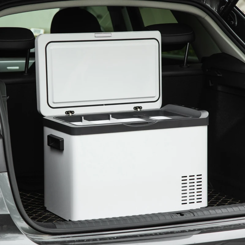 Outsunny Refrigerador de Coche 30L 12/24V hasta -22℃ Nevera Eléctrica con Luz LED y Asas Plegables 61x32x40 cm Blanco