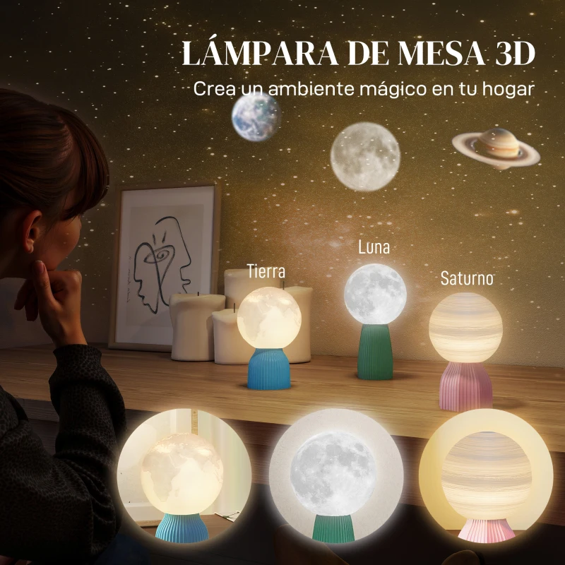 HOMCOM Juego de 3 Lámparas de Mesita de Noche 3D con 3 Colores Brillo Ajustable en 10 Niveles Conexión USB Blanco