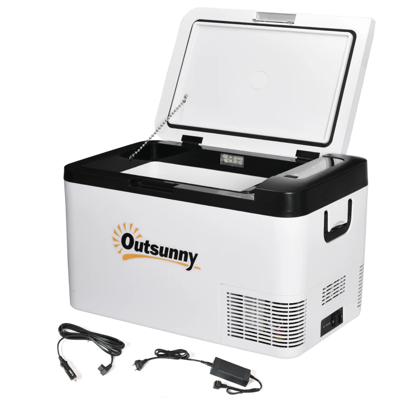 Outsunny Nevera Portátil Eléctrica 25L 12/24V hasta -20℃ Nevera y Congelador de Compresor para Coche con Luz LED y Asas Plegables Bajo Consumo Energético para Hogar Camping 58,5x33,5x35,2 cm Blanco