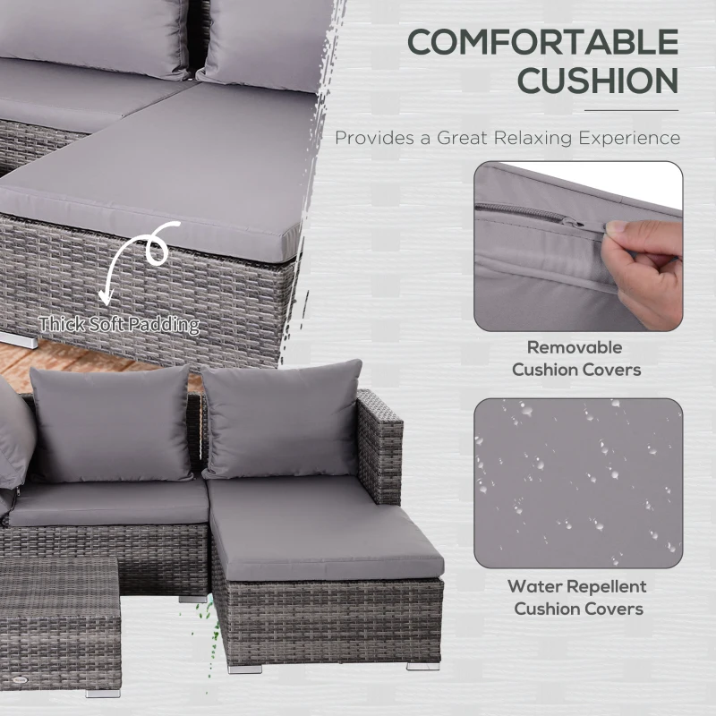 Outsunny 3 Pieces Rattan Garden Furniture Sofa Set, 4 Seater Garden Corner Sofa with 5-Level Reclining Sun Lounger and Storage Coffee Table, Outdoor Furniture Conservatory Set with Cushions, Grey