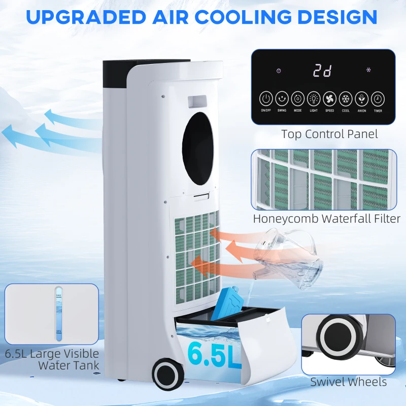 HOMCOM Evaporative Air Cooler, 6.5L 4-in-1 Bladeless Portable Cooler, Fan, Humidifier, Air Clean Anion with Oscillation, 6 Speeds, 24H Timer, Sleep Mode, 2 Ice Packs, Wheels, Remote, for Home Office