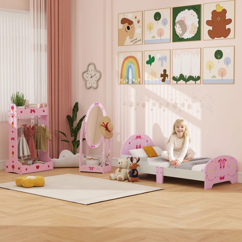 AIYAPLAY Kids Bed with Safety Rails, Kids Clothes Rail, Kids Full Length Mirror, 3 Piece Kids Furniture Set for Bedroom, Pink