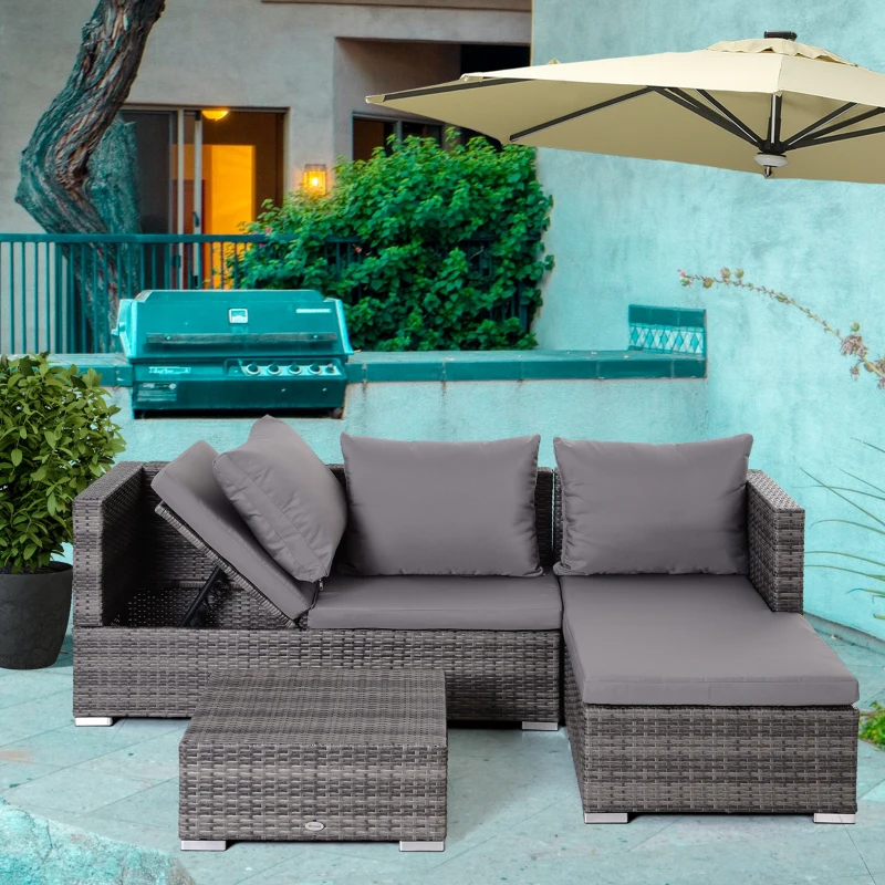Outsunny 3 Pieces Rattan Garden Furniture Sofa Set, 4 Seater Garden Corner Sofa with 5-Level Reclining Sun Lounger and Storage Coffee Table, Outdoor Furniture Conservatory Set with Cushions, Grey