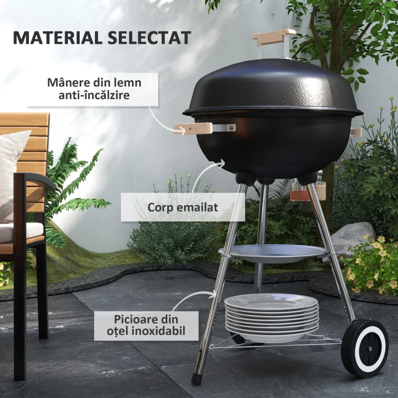 Outsunny Grătar cu Cărbuni, Grilaj Metalic, Capac, Orificii de Aerisire, Roți, Raft și Mâner, 48x56x94 cm, Negru
