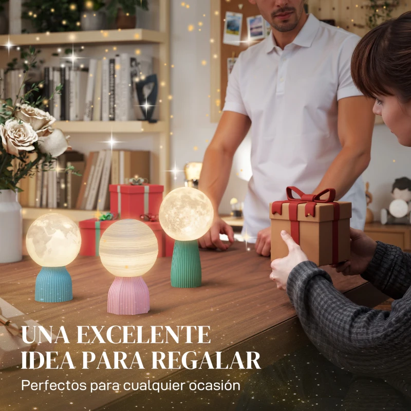 HOMCOM Juego de 3 Lámparas de Mesita de Noche 3D con 3 Colores Brillo Ajustable en 10 Niveles Conexión USB Blanco