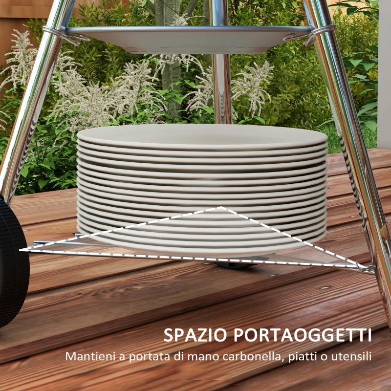Outsunny Barbecue a Carbonella con Griglia in Acciaio, Coperchio e Prese d'Aria e Ruote, Nero