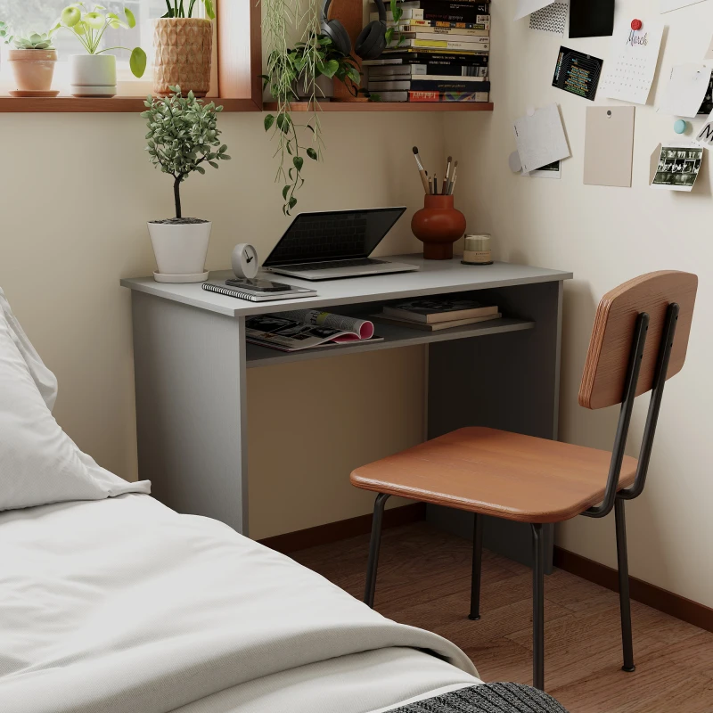 HOMCOM Modern Computer Desk, Home Office Table, Small Writing Desk with Storage Shelf, 90 x 50cm, Grey