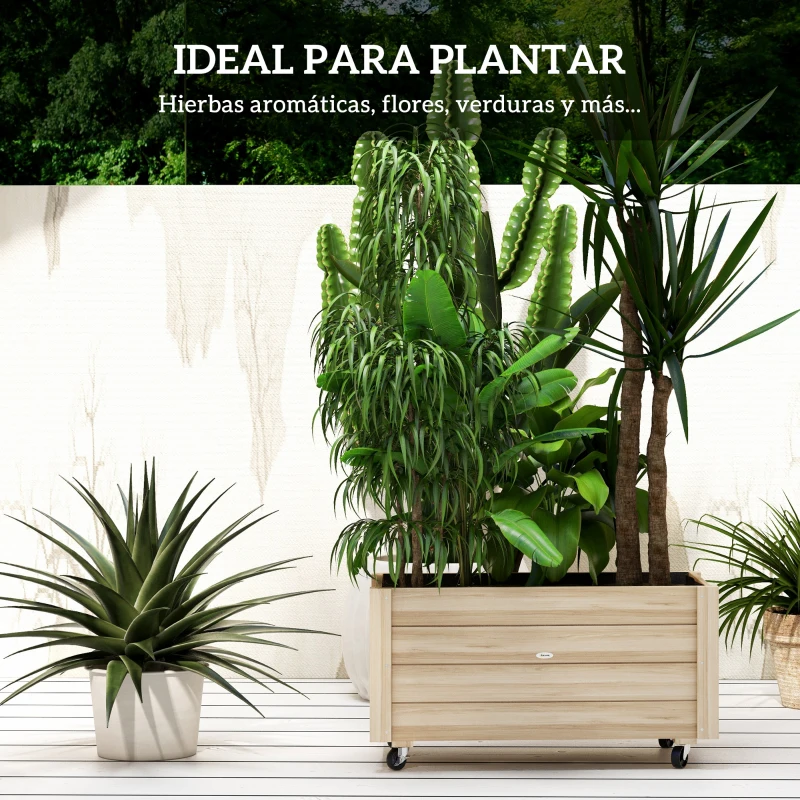 Outsunny Jardinera de Madera de Exterior con Orificios de Drenaje y Malla Geotextil para Flores Plantas 89x48x47 cm Natural