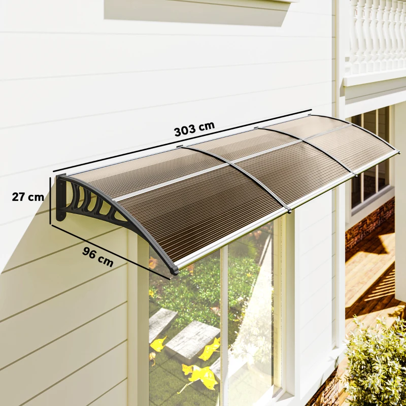 Outsunny Marquise de Proteção 300x96 cm Marquise Exterior para Portas e Janelas contra o Sol e Chuva com Suporte de PP Policarbonato Marrom