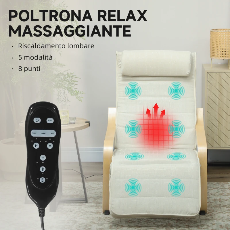 HOMCOM Poltrona Relax Riscaldante e Massaggiante con Poggiapiedi Regolabile e Telecomando, 67x95x101 cm, Crema
