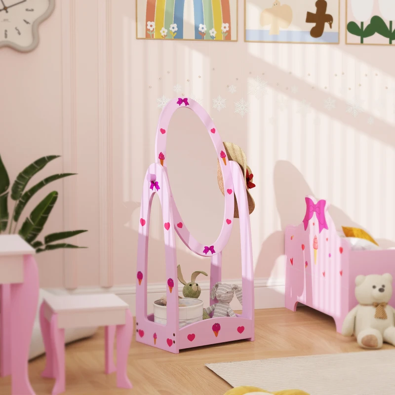 AIYAPLAY Kids Clothes Rail, Kids Dressing Mirror with 360° Rotating, 2 Piece Kids Furniture Set with Storage Shelves, Pink