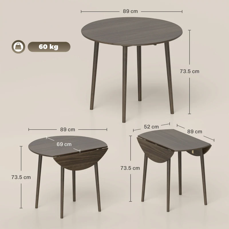 HOMCOM Folding Dining Table for 4, Round Drop Leaf Table, Modern Space Saving Small Kitchen Table with Wood Legs for Dining Room, Grey