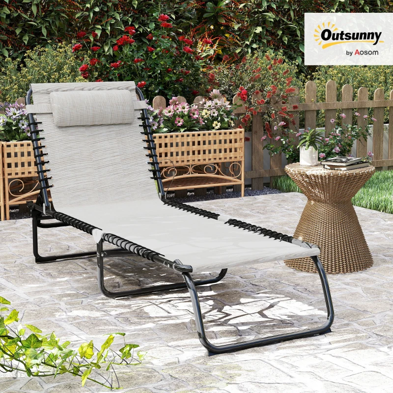 Outsunny Outdoor Foldable Sun Lounger, Patio 4 Level Adjustable Backrest Reclining Chaise Chair, Steel Frame Recliner Chair with Breathable Mesh Fabric Seat, Cream White