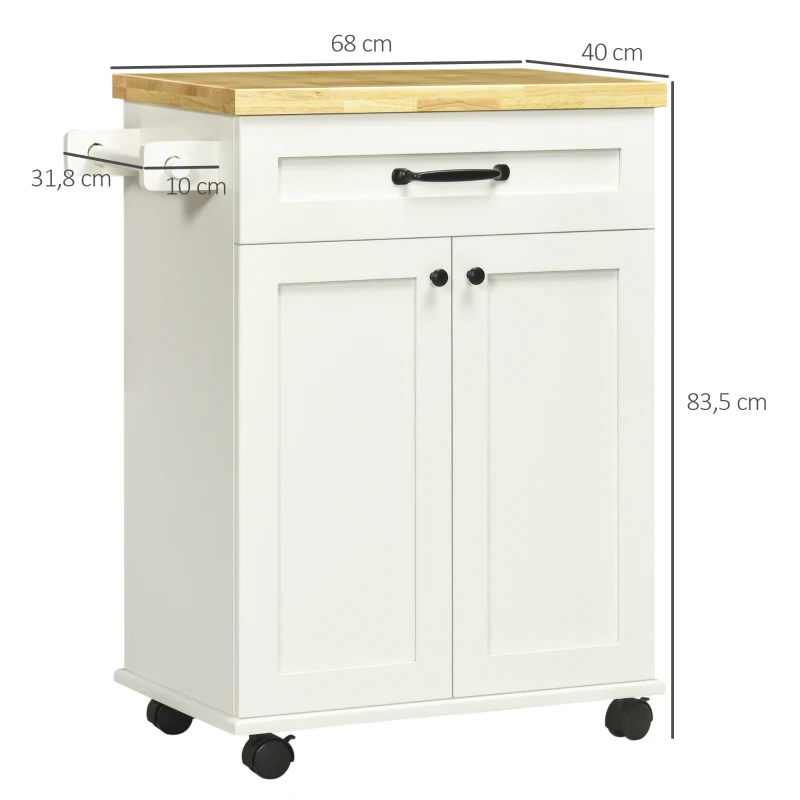 HOMCOM Desserte de cuisine à roulettes multi-rangements 1 tiroir 1 placard 1 portes-torchons blanc et plateau en bois