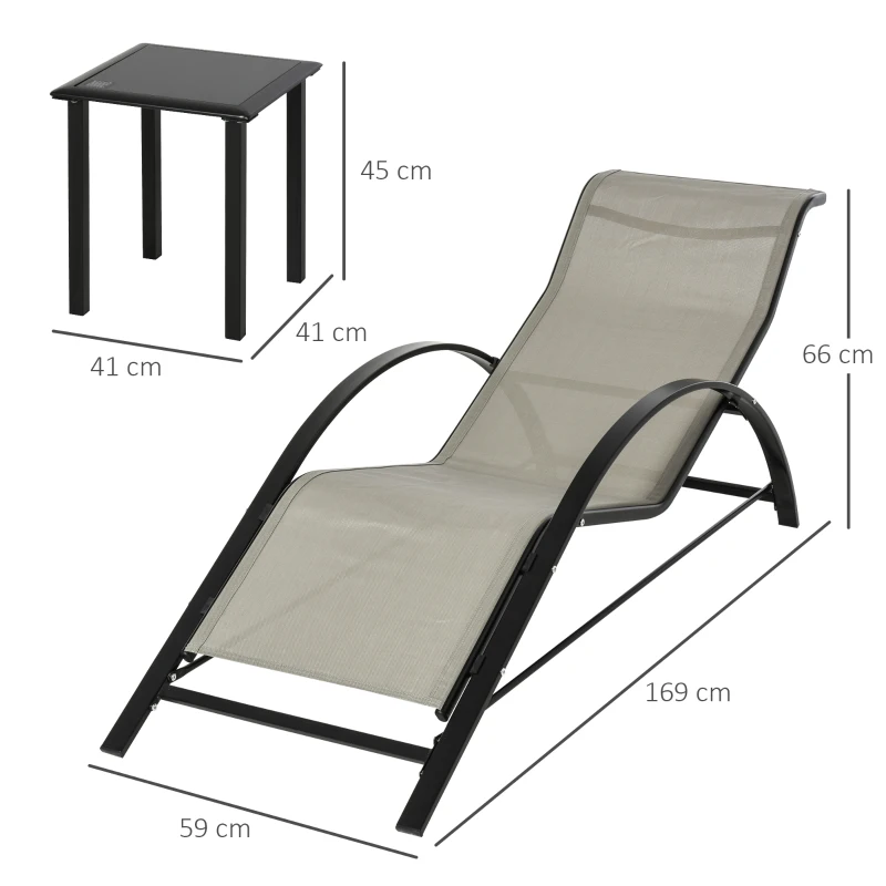 Outsunny Set de 2 Tumbonas Jardín Exterior con Mesa Auxiliar de Vidrio Templado Tumbonas con Reposabrazos para Patio Terraza Gris