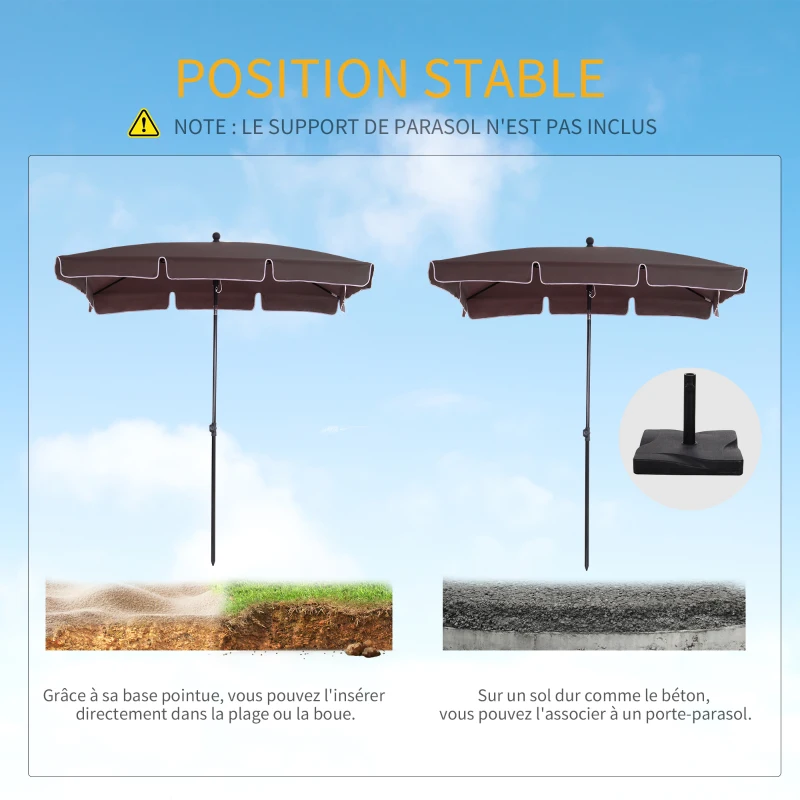 Outsunny Parasol de jardin Parasol droit rectangulaire inclinable alu métal polyester haute densité 2 x 1,3 m chocolat