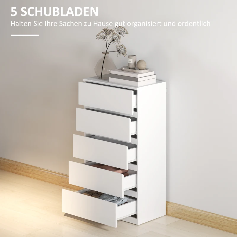 HOMCOM Kommode Sideboard Schubladenkommode, 5 Schubladen, 55 cm x 34 cm x 100 cm, Weiß(m-4)