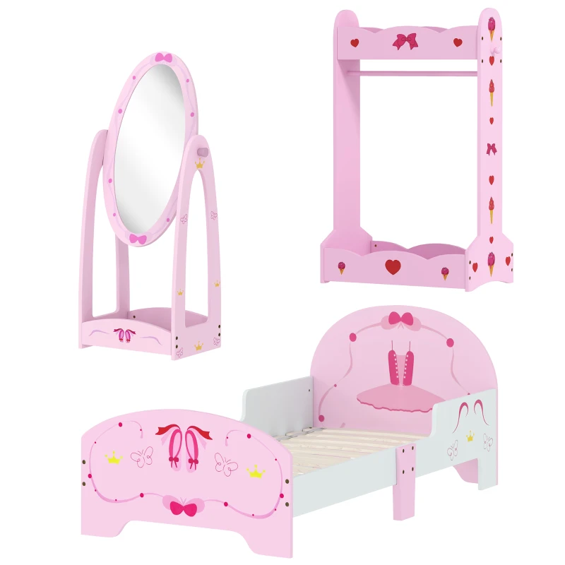 AIYAPLAY Kids Bed with Safety Rails, Kids Clothes Rail, Kids Full Length Mirror, 3 Piece Kids Furniture Set for Bedroom, Pink