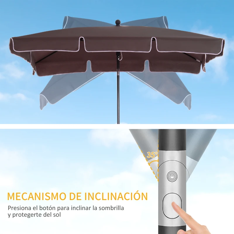 Outsunny Sombrilla de Terraza de Aluminio 198x130x245 cm Parasol de Jardín Rectangular con Función de Inclinación Café