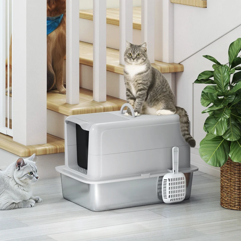 PawHut Kattenbak, Bak van roestvrij staal, Filter, Schep, voor katten tot 6 kg, 40,5 x 60,5 x 41,5 cm, Grijs/Zilver(m-8)