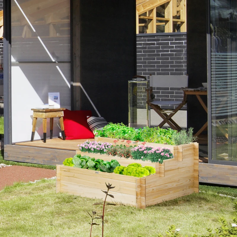 Outsunny Huerto Urbano Jardinera de Madera de 3 Niveles con Tela Geotextil para Cultivos Plantas Flores para Jardín Terraza Exterior 117x100x54 cm Natural