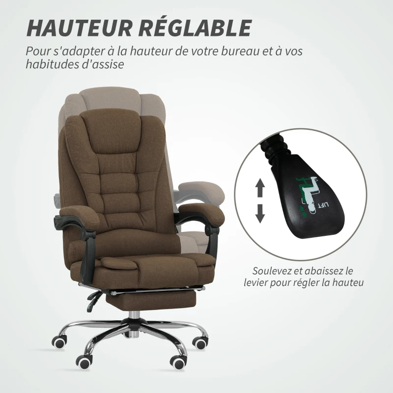 Vinsetto Fauteuil de bureau avec hauteur réglable, dossier inclinable, repose-pied et accoudoirs rembourrés, marron