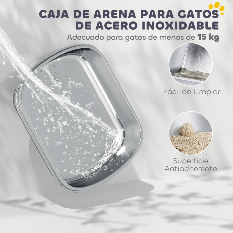 PawHut Arenero para Gatos Cubierto con Bandeja de Acero Inoxidable Bordes Altos Pala Peldaño y Zona para Caída de Arena Gris