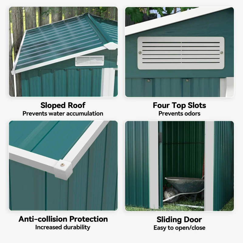 Outsunny Garden Metal Tool Storage Shed with Sliding Door, Sloped Roof and Floor Foundation, 152 x 132 x 188cm, Green
