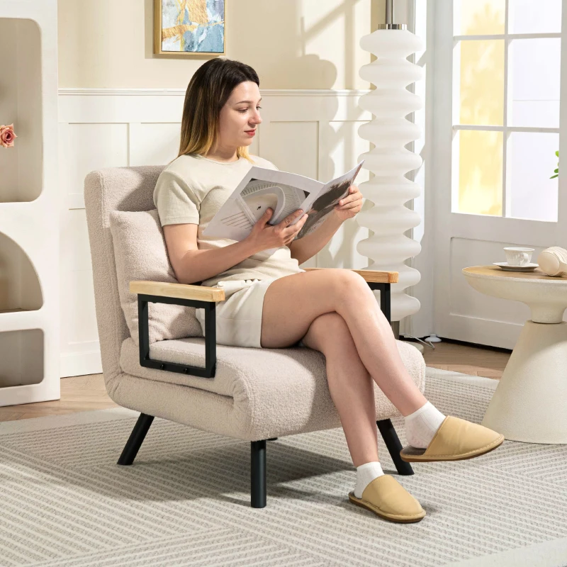 HOMCOM Sofá Cama Individual Plegable Sofá Cama Convertible 4 en 1 Respaldo Ajustable de 5 Niveles y Almohada 63x73x81 cm Beige