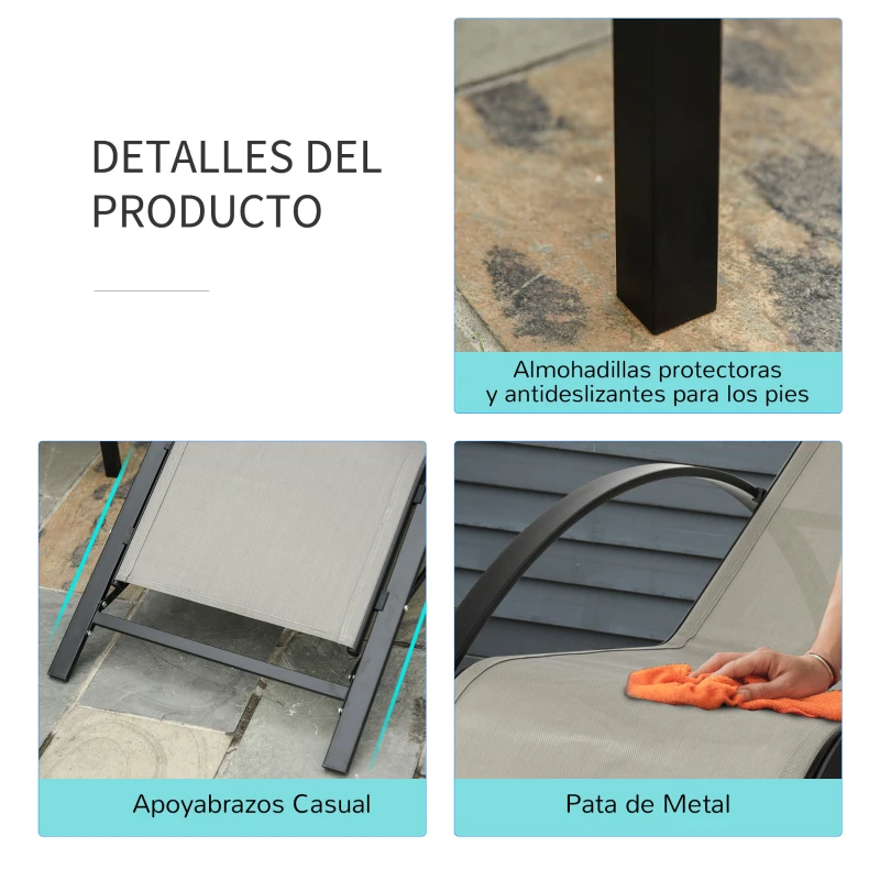 Outsunny Set de 2 Tumbonas Jardín Exterior con Mesa Auxiliar de Vidrio Templado Tumbonas con Reposabrazos para Patio Terraza Gris