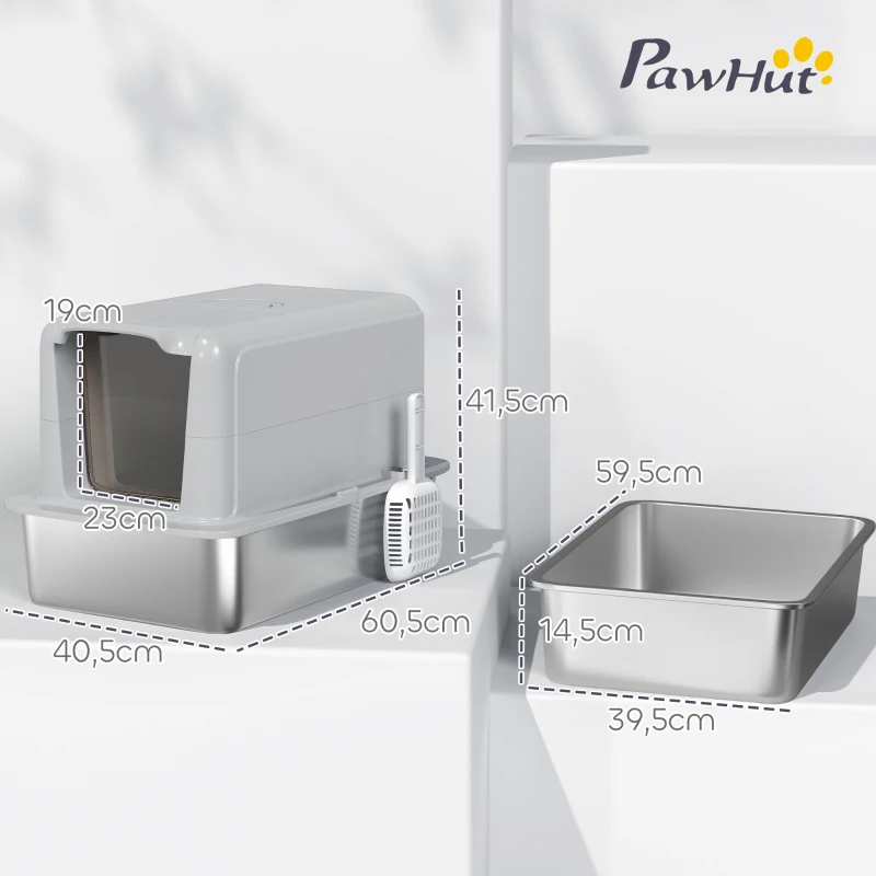 PawHut Kattenbak, Bak van roestvrij staal, Filter, Schep, voor katten tot 6 kg, 40,5 x 60,5 x 41,5 cm, Grijs/Zilver(m-3)