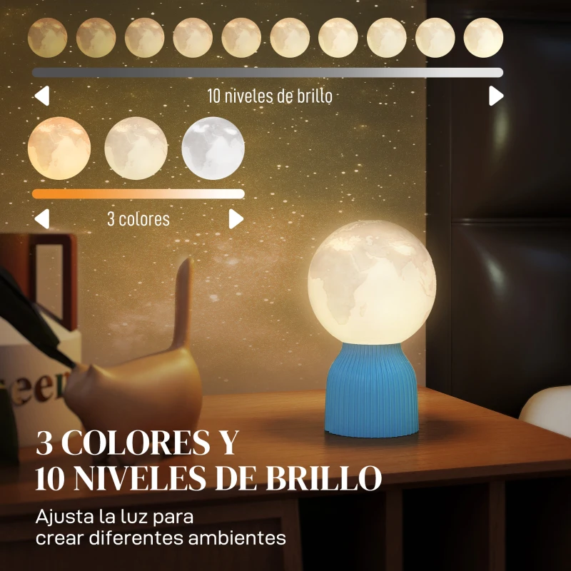 HOMCOM Juego de 3 Lámparas de Mesita de Noche 3D con 3 Colores Brillo Ajustable en 10 Niveles Conexión USB Blanco