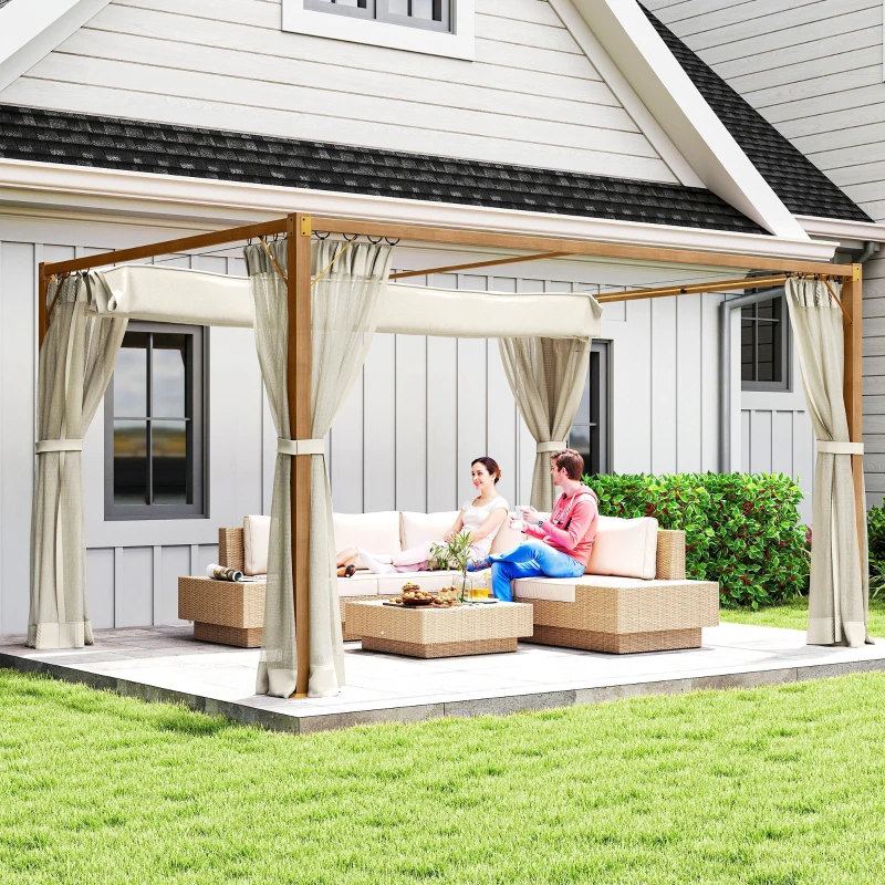 Outsunny Pérgola de Jardim 4x3 m Pérgola para Exterior com Teto Retrátil e Mosquiteiros Laterais para Terraço Pátio Natural