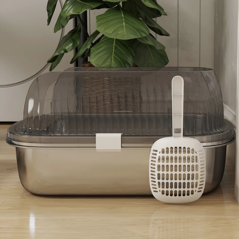 PawHut Lettiera per Gatti Coperta Chiusa con Vassoio in Acciaio Inox Pareti Alte Paletta e Area per Caduta di Sabbia Grigio