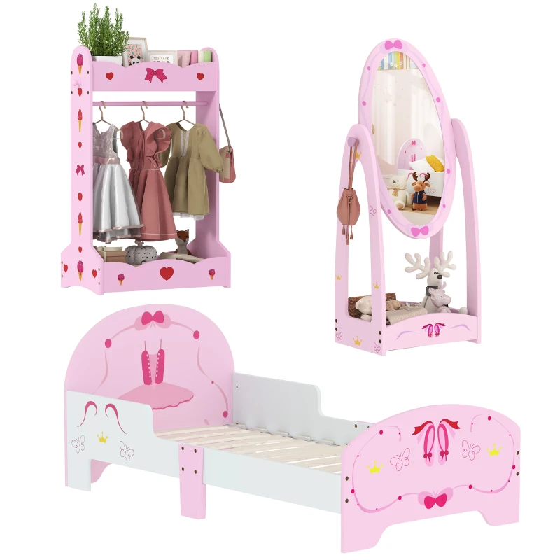 AIYAPLAY Kids Bed with Safety Rails, Kids Clothes Rail, Kids Full Length Mirror, 3 Piece Kids Furniture Set for Bedroom, Pink