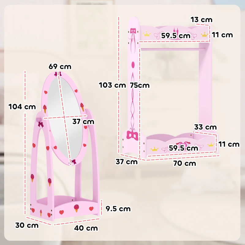AIYAPLAY Kids Clothes Rail, Kids Dressing Mirror with 360° Rotating, 2 Piece Kids Furniture Set with Storage Shelves, Pink