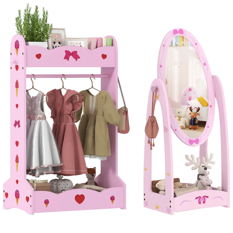 AIYAPLAY Kids Clothes Rail, Kids Dressing Mirror with 360° Rotating, 2 Piece Kids Furniture Set with Storage Shelves, Pink