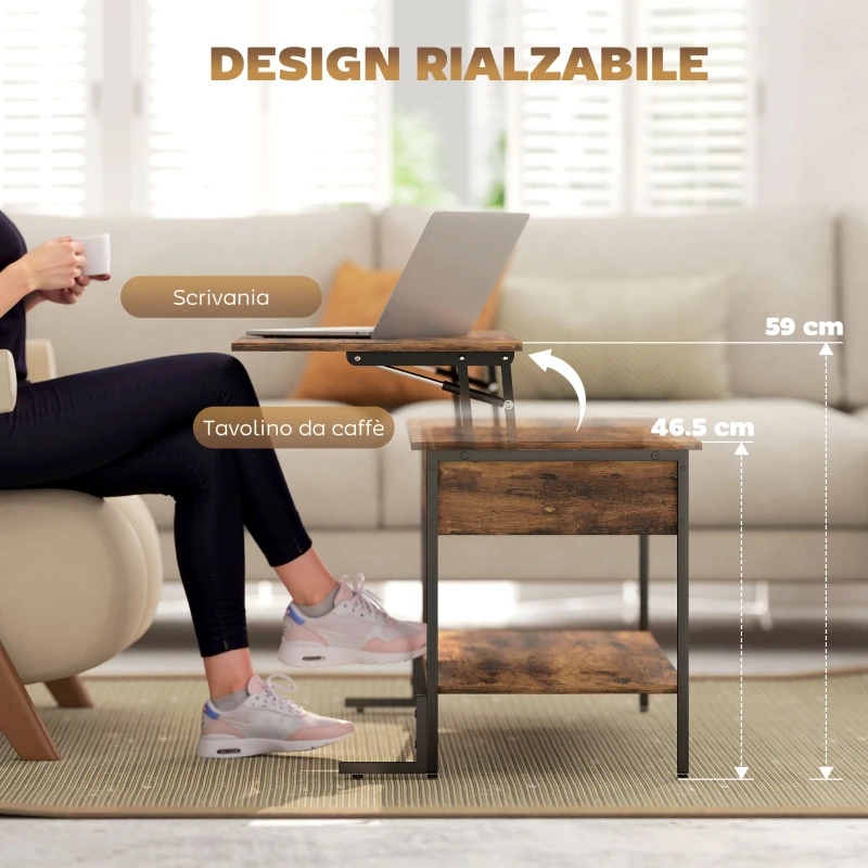 HOMCOM Tavolino da Caffè Sollevabile con Vano Nascosto e Ripiano Inferiore in Stile Industriale, Marrone
