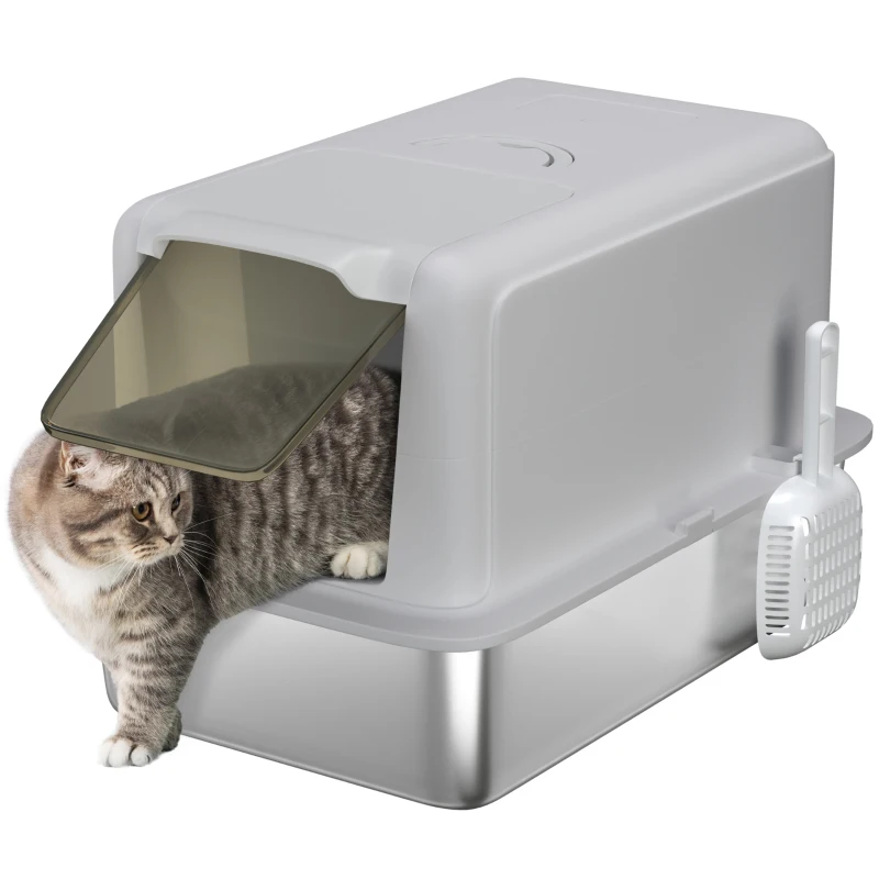 PawHut Kattenbak, Bak van roestvrij staal, Filter, Schep, voor katten tot 6 kg, 40,5 x 60,5 x 41,5 cm, Grijs/Zilver(m-10)