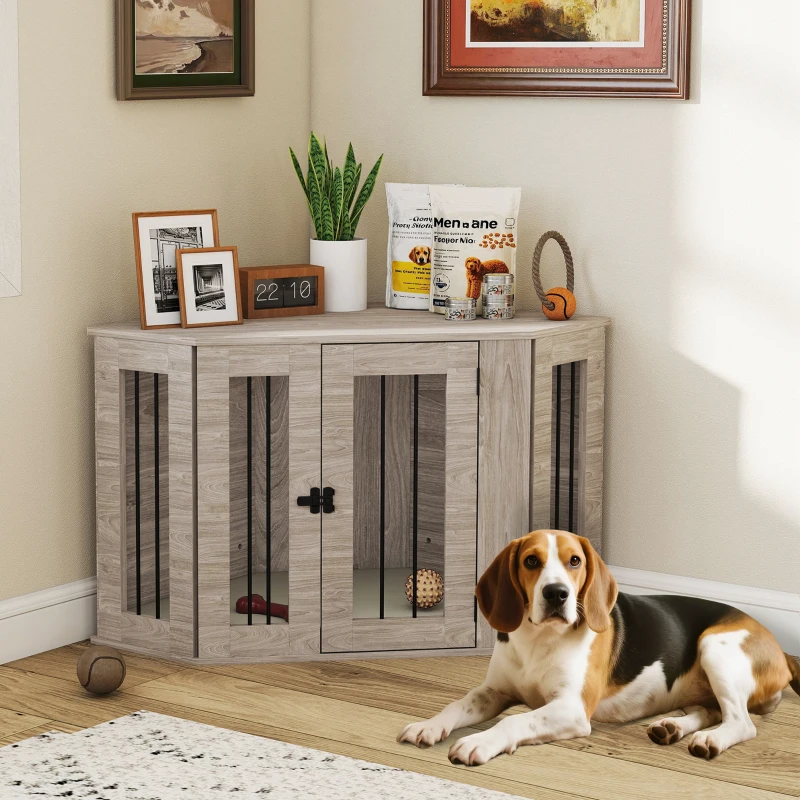 PawHut Dog Crate Furniture Side Table, with Cushion, 104 x 55 x 63cm - Walnut Brown