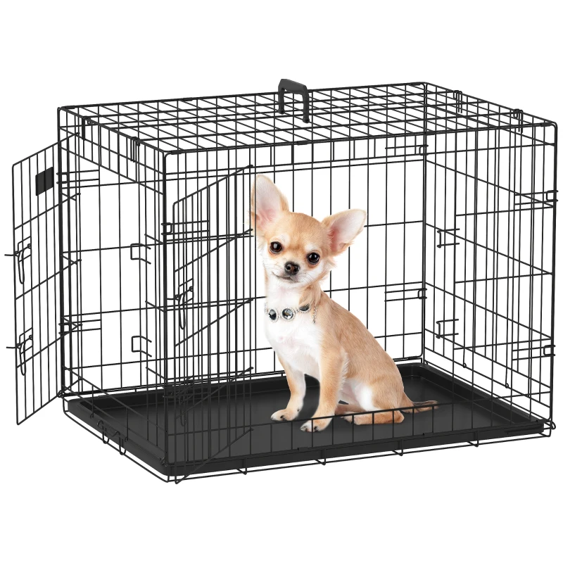 PawHut Jaula para Perros Plegable Transportín para Perros con 2 Puertas Bandeja Extraíble y Asa 75x48,5x53 cm Negro