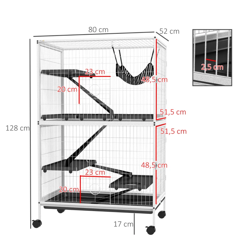 PawHut Jaula para Animales Pequeños con Ruedas Rampas Hamaca y Bandeja Extraíble para Chinchillas Hurones 80x52x128 cm Blanco