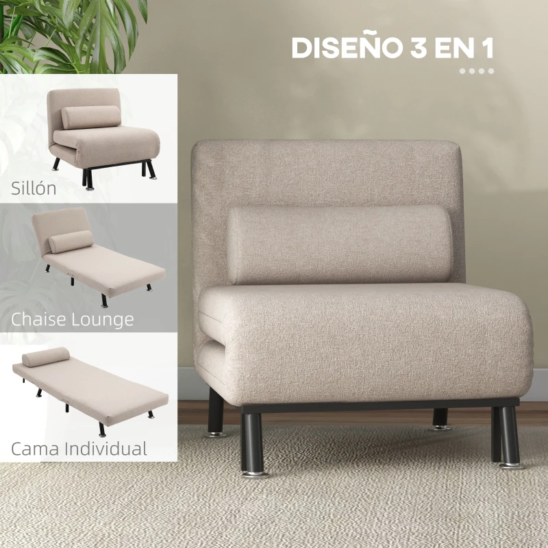 HOMCOM Sofá Cama Individual Plegable con Respaldo Ajustable de 5 Niveles Cojín y Tapizado de Lino Sintético 75x70x75 cm Beige